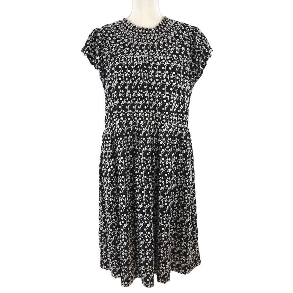 Ann Taylor Loft Black & White Eyelet Smocked Yoke Swing Dress Size Medium